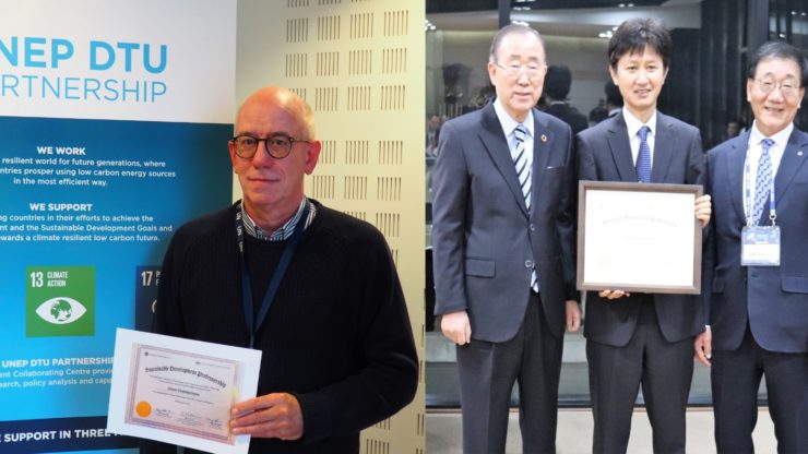 Left: John Christensen with the certificate. Right: former UN Secretary General Ban Ki-Moon, UNEP DTU Partnership head of section Myung-Kyoon Lee accepting the title and Dr. Kim Yong-Hak, president of Yonsei University