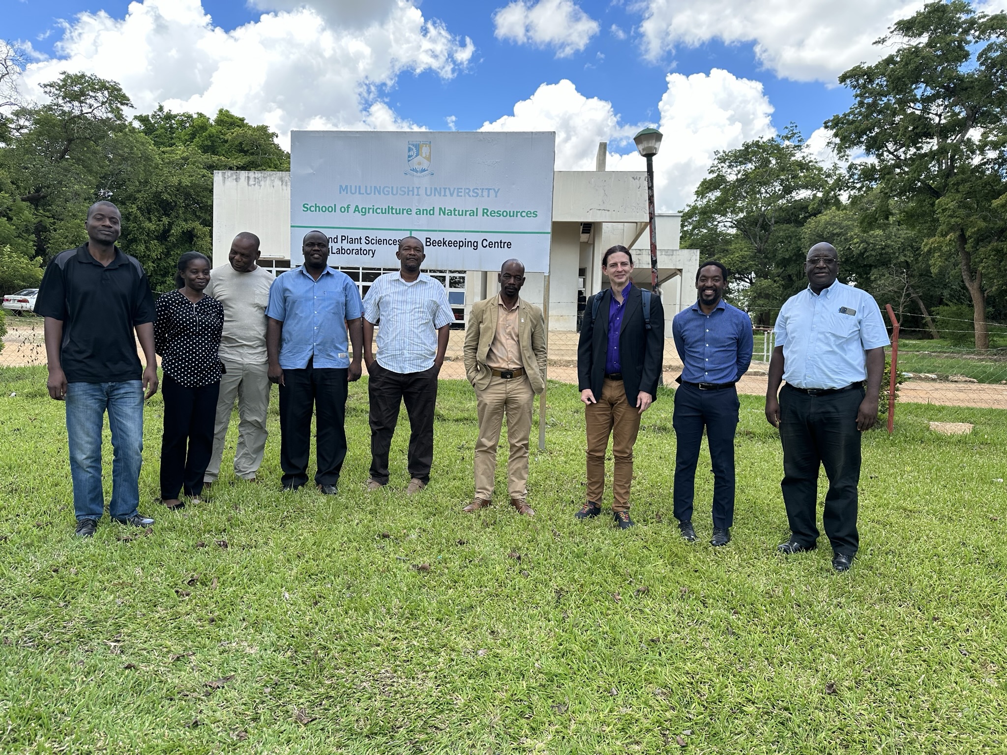 Jay Sterling Gregg, senior researcher at UNEP Copenhagen Climate Centre meets with faculty members of the School of Agriculture and Natural Resources at Mulugushi University, Zambia.